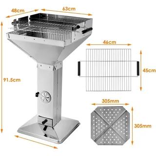 BBQ Holzkohlegrill - Säulen-/Trichtergrill - Edelstahl - Verchromte Oberfläche - Mit Ablage - Tragbar - Für Garten & Camping - Grau