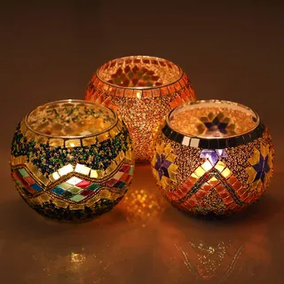 Belle Vous Orientalisches Windlicht Glas Set für Votivkerzen & Teelichter (3 STK) - B10,2 x H7,8 cm - Bunte Mosaik Teelicht Gläser - Für Aromatherapie Geschenk, Haus & Hochzeit Tischdekoration