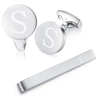 HONEY BEAR manschettenknöpfe & krawattennadel Set Initialen Buchstabe Herren Edelstahl Hochzeit Cufflinks Manschettenknopf Silber,A-Z,MEHRWEG (S)