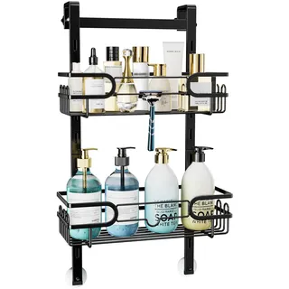 HapiRm Duschablage zum Hängen - Duschregal zum Hängen Einstellbar mit 2 Duschablage Ohne Bohren, Duschkorb zum Hängen mit Saugnäpfen für Glastür, Shower Shelf Shampoo Halterung für Dusche, Schwarz