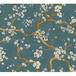 A.S. Creation Vliestapete Blütenmuster Floral 10,05 m x 0,53 m Blau-Gold FSC®