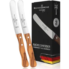 Schwertkrone Buckelsmesser 2er Set - Das originale Frühstücksmesser aus Solingen - Edelstahl, rostfrei, Dünschliff, Olivenholz - Brötchenmesser