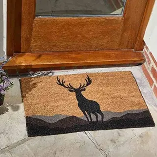 Garden Mile® Fußmatte Hirsch schottische Highlands, rutschfest, für Eingangsbereich, Flur, natürliche Kokosfaser, für drinnen und draußen, leicht zu reinigen, 75 x 45 cm