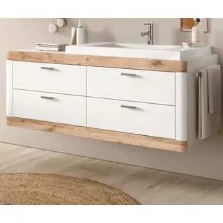 Waschtisch Set mit Waschbecken "Sopela" in weiß und Eiche Landhaus 133 cm, Soft-Close - Weiß