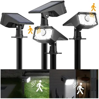 FLOWood Solarlampen für Außen mit Bewegungsmelder, 6500K Kaltweiß Solar Strahler 4 Stück, 60 LED Gartenstrahler Solar Außen mit 2 Modi, IP65 Wasserdicht Solar Gartenleuchten für Garten, Hof, Gehweg