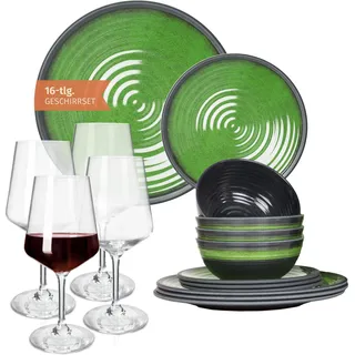 Melamin Camping Geschirr Set 4 Personen Stone Green + 4 Milano Rotwein Gläser Rot Weingläser Tafelgeschirr Picknick BBQ Kochgeschirr - Grün, Rot