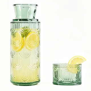 Wasserkaraffe Glaskaraffe mit Deckel - 640ml Glas Karaffe und 180ml Trinkglas, Karaffe mit Deckel Wasserkaraffe Glas Wasserflasche, für Heißes Kaltes Wasser Saft Eistee Milch (Grün)