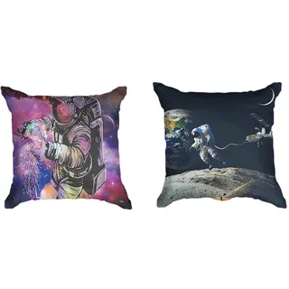 Ulticool - Kissenhülle - Astronaut über Erde Mond Rakete - Set von 2 Motiven – 45 cm x 45 cm - Dekokissen ohne Füllung - Kissenbezug Zubehör für Sofa/Bett - Blau Lila