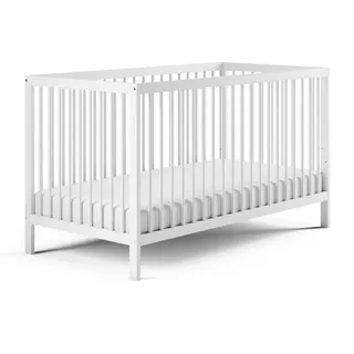 Kids Collective Babybett Kinderbett Gitterbett höhenverstellbar , herausnehmbare Sprossen Buchenholz sehr stabil, mit Matratze, 60x120 cm - Weiß