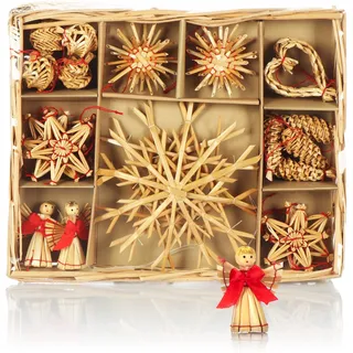 COM-FOUR® 26x Strohsterne im Mix-Set, Christbaum-Schmuck, Stroh-Anhänger | natürlicher Christbaum-Behang - Weihnachtsdekorationn