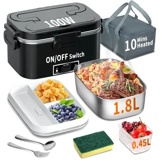 SOOOEC Elektrische Lunchbox 100W, 3-in-1 tragbare beheizte Lunchbox, Herausnehmbare Edelstahl-Brotdose, 12V/24V/220V Isolierte Wärmebox für Auto/Lkw/Büro, Mit isolierter Tasche (Black DD, H1.8L)