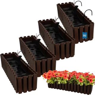 KOTARBAU® Blumenkasten Balkon 58x18x16cm, Balkonkasten mit Wasserspeicher | Blumenkasten für Balkongeländer, Balkonkasten mit Halterung, Pflanzkübel rechteckig, Selbstbewässernd, PVC, Braun, 4er Set