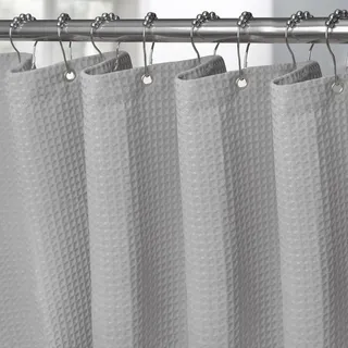 VANZAVANZU Waffel Duschvorhang mit Metall Duschvorhangringe Stoff Textil Badewannenvorhang Anti Schimmel Bad Vorhang Set Wasserdicht Schwerer Badewanne Vorhang - 182 x 198cm (Hellgrau)