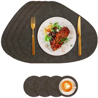 Tischsets Kunstleder und Untersetzer, Tischsets Abwaschbar Doppelseitigen rutschfest Rund Platzdeckchen, Lederoptik Platzsets Teller Untersetzer, Isolierung schützt den Tisch (Kaffee-Schwarz)
