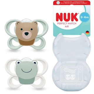 NUK Perfect Match Air Baby Schnuller | 0-6 Monate | Orthodontische Schnuller, die Luftzirkulation fördern & Speichel-Ausschlag verhindern | 95% Baby-Akzeptanz** | Bär/Frosch | 2 Stück