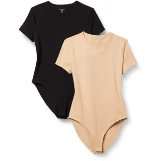Amazon Essentials Damen T-Shirt-Body aus elastischem Baumwolljersey mit schmaler Passform, 2er-Pack, Helles Kamelbraun/Schwarz, S