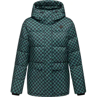 Ragwear Steppjacke Wikesh Print mit Kapuze, Wasserdichte Damen Winterjacke mit Hahnentritt-Muster grün