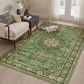 PureCozy Teppich Wohnzimmer 120x170cm Waschbarer Teppiche,Grün Gold | Weich Kurzflor Groß Carpet, Rutschfest, Leicht, Schlafzimmer, Esszimmer, Büro, Kinderzimmer