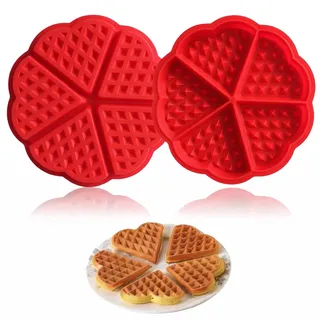 2 Stück Waffelform Silikon, Antihaftbeschichtet Waffel-Form, Herz Muffinform Waffel Backform, 5 Mulden Silikon Muffinformen für Airfrye, Pfannkuchenform, Backwerkzeug für Waffeln, Backen, Muffin (Rot)