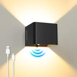 ACMHNC Akku Wandleuchte mit Bewegungsmelder Innen LED Wandlampe mit Schalter, 5W Wandleuchte Kabellos USB Aufladbare Treppenlicht Batterie, für Schlafzimmer Wohnzimmer Flur, Schwarz