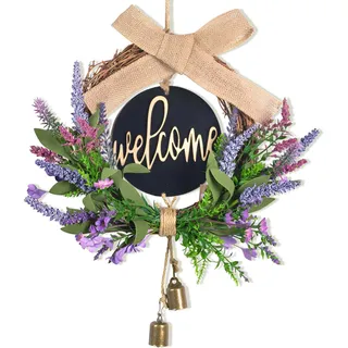 GZGXKJ Frühlingskranz Haustür 40cm Türkranz FrüHling Sommer Lavendel Türkränze Außen mit Welcome Logenschild Rattankreis Blumenkranz Deko mit Bögen und Glocken für Tür und Fensterdekoration