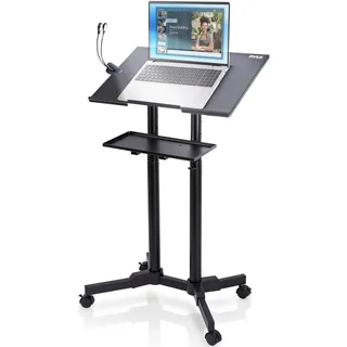 Pyle Rednerpult Höhenverstellbar mit Rollen – Mobiles Stehpult für Laptop, Präsentationen und Unterricht, Neigbare Ablage, LED Leselicht, Untere Ablage, Feststellbare Räder