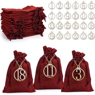 LIHAO Adventskalender Jutesäckchen Rot Weihnachten Geschenksäckchen 24 Stück Zahlen Holz Deko 10x15cm - Dunkelrot