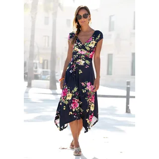 Beachtime by Lascana Jerseykleid "mit asymmetrischem Zipfelsaum und Schleife in der Taille, elegant" Ohne Taschen Leichtes Sommerkleid, Strandkleid, Viskosekleid mit Blumenmuster, marine, bedruckt
