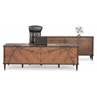Braune Arbeitszimmer Garnitur Edler Chefsessel Luxus Sideboard Tisch - Braun