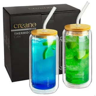 Creano doppelwandige Trinkgläser mit Bambusdeckel & Strohhalm 360ml - Smoothie Becher - Bubble Tea - Cocktailglas - 2er Set