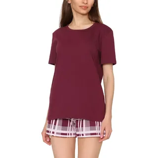 Merry Style Damen Schlafanzug Zweiteiler Pyjama Kurz aus Baumwolle Pyjama Set MS10-177 (Weinrot/Kariert, M)