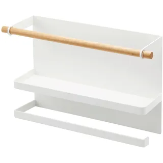 Yamazaki 5087 Tosca Magnetisches Regal mit Küchenrollenhalter, weiß, Stahl/Holz/Silikon, minimalistisch, 9,5 x 32 x 20 cm (L x B x H)