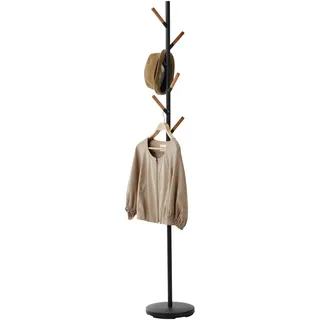 YAMAZAKI 2815 PLAIN Coat Hanger, black, Steel/Wood, 28 x 28 x 177 cm | Stahl/Holz, beschwerter Boden, mit 6 Zweigen, elegante Mischung aus Stahl & Massivholz, 28 x 28 x 177 cm, japanisches Design