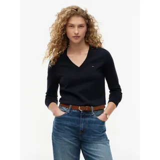 V-Ausschnitt-Pullover TOMMY HILFIGER "CO JERSEY STITCH V-NK SWEATER", Damen, Gr. XXS (32), blau (desert_sky), Strick, Obermaterial: 67% Baumwolle, 33% Polyamid, unifarben, Basic normal, V-Ausschnitt, Bündchen, Pullover V-Ausschnitt-Pullover, Kontrastfarbene Streifen im Ausschnitt und Logo Stickerei am Ärmel