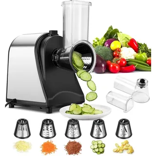 Coocheer Gemüseschneider Elektrisch Gemüsehobel, 250W Edelstahl Käsereibe Elektrisch, mit 5 Klingen für Verschiedenes Gemüse Mit Ein-Knopf-Steuerung YF002
