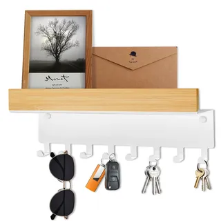 TINIFO Schlüsselbrett mit Ablage Holz Klein 8 Haken Weiss | Wandmontage mit Schrauben, Schlüsselhalter mit Ablage, Metallrahmen & Holzplatte, für Flur Küche Eingangsbereich