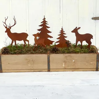 Storm's Gartenzaubereien Gartenstecker Deko Rehe und Hirsche mit 2 Tannen in Rostoptik 5er Set - Weihnachtsdeko zum Basteln - Gartendeko
