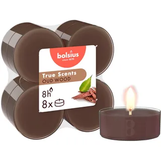 Bolsius True Scents – 8 Teelichter Maxi Duft – Oud Wood – Lange Brenndauer von 8 Stunden – Kerze für den Innenbereich – Natürlic– Veganes Wachs – Ohne Palmöl