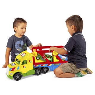 Wader 36360 - Magic Truck Autotransporter mit 2 Fahrzeugen und Abfahrrampen, ab 3 Jahren, ca. 79 cm, ideal als Geschenk für kreatives Spielen