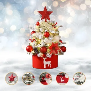 Kleine kunstmatig gedecoreerde Weihnachtsdekoration - Mini-Weihnachtsbaum mit LED-Beleuchtung und roten Akzenten.