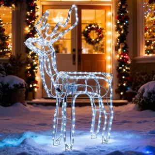 LEDYA Animierte Kopfbewegung Reindeer Beleuchtete Weihnachtsdekoration, 216 LEDs Kaltweiß,89 cm LED Rentier Weihnachtsbeleuchtung, Innen/Außen Weihnachtshirsch mit Timer, für Hof, Garten, Veranda