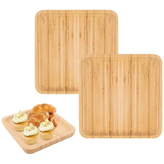 2 Stück Bambus Tablett Servierplatten, Quadratisch 20x20 cm, Frühstücksbrett & Servierbrett für Küche, Couchtisch, Kaffee & Snacks, Nachhaltiges Holz Tablett für Restaurant, Hotel & Haushalt