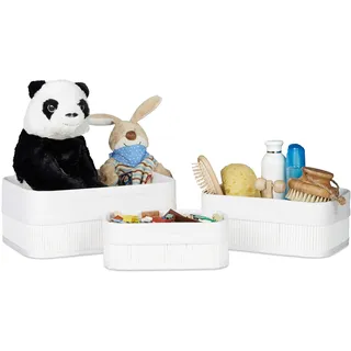 Relaxdays Aufbewahrungskorb 3er Set, Stoffbezug, Bambus, rechteckig, Bad, Accessoires, Spielzeug, Allzweckkorb, weiß, 20 x 30 x 13 cm