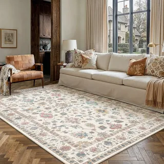 PureCozy Teppich Wohnzimmer 160x230cm Waschbarer Teppiche,Multicolore | Blumenmuster,Waschbar, Rutschfest, Kurzflor, Weich, Schlafzimmer, Esszimmer, Büro, Flur, Kinderzimmer