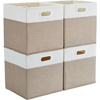 Mangata Aufbewahrungsbox 25x25x25 cm, faltenfrei Stoff Aufbewahrungskörbe für Kleiderkörbe, Körbe, Truhen, Spielzeug (4 er, Helles Khaki/Beige Weiß)