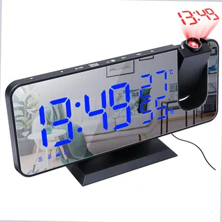 4-in-1 Digitaler Projektionswecker mit Spiegeloberfläche – 180° Projektor, Temperatur- und Feuchtigkeitsmonitor, FM-Radio, Telefonladegerät