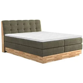 Xxxl Boxspringbett , Grün , Textil , Eiche , massiv , H2 + H4 , 160x200 cm , Fsc , Bettkasten, Matratze, gepolstertes Kopfteil, Topper durchgehend, Wendematratze mit unterschiedlichen Härtegraden , Schlafzimmer, Betten, Boxspringbetten