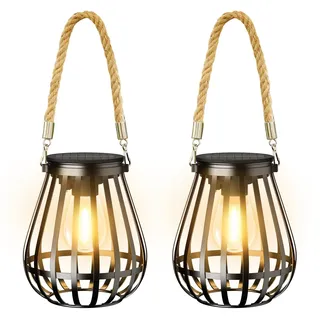 RECHOO Solarlampen für Außen Garten, 2 Stück Metall Hängend Solarlaterne für Außen mit Größer LED-Glühbirne, IP65 Wasserdicht Solarleuchten für Außen für Terrasse Rasen Balkon Hof Gartendeko