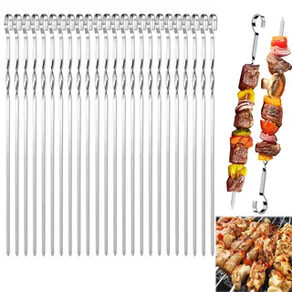 24 Stück Edelstahl grill spieße, 30cm Grillspieße Edelstahl, Grill spieße Wiederverwendbare, Grillspieße, für BBQ Fleisch Gemüse, für Lagerfeuer Oder Grillschale (A-24 Pcs-30 Cm)