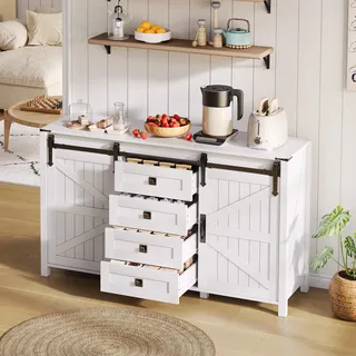 okwish Vintage Kücheninsel Sideboard Beistellschrank  mit Schiebetüren und 4 Schubladen,Kaffeebar mit Stauraum,für Küche, Esszimmer,weiß - Weiß